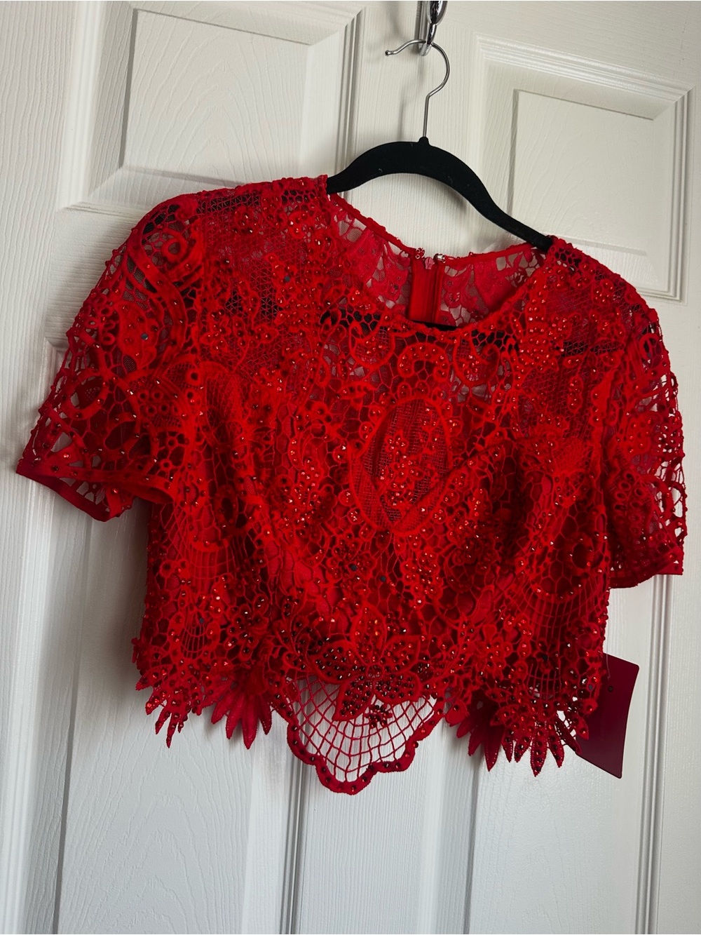 Jovani Red Lace Beaded Crop Top